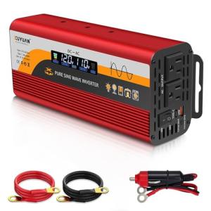 500W Pure Sine Wave Inverter (1000W Peak), 12V/24V Auto-Detect, 50Hz/60Hz Switchable, LCD Display, Type-C Fast Charging, Silent Design, Overload & Overheat Protection for RV, Home (RED-500W)