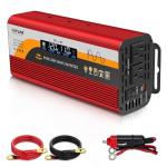 500W Pure Sine Wave Inverter (1000W Peak), 12V/24V Auto-Detect, 50Hz/60Hz Switchable, LCD Display, Type-C Fast Charging, Silent Design, Overload & Overheat Protection for RV, Home (RED-500W)