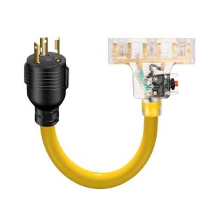 LAZMUMI 30 Amp to 110 Outdoor Generator Adapter Power Cord with Circuit Breaker, 3 Prong Locking 30 Amp to 15 Amp Generator Cord, NEMA L5-30P Male to 3X 5-20R Female, ETL Listed