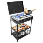 Propane Gas Stove 5 Burner Natural Gas Stove for LPG NG Dual Fuel, Freestanding Camp Stove with Leg Stand and 2 Storage Shelves, 5 Burner Natural Gas/Propane Cooktop for Apartmen Kitchen (Black)