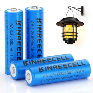 KINREECELL AA 3.2v 600mAh Battery, LiFePo4 Double A Battery with Low self-Discharge, 3.2v Batteries for Solar Lights, Wall Lanterns, Solar Post Lights（4 Pack）