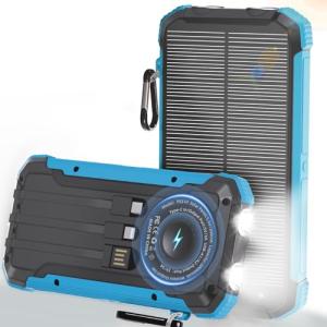 Power Bank Portable Solar Charger, Wireless Fast Charging Battery Pack, 20000mAh Capacity USB-C Input, 6 Outputs, Dual LED Flashlight, USB Battery Pack for Cell Phone Camping Travel Emergency (Blue)