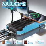 Power Bank Portable Solar Charger, Wireless Fast Charging Battery Pack, 20000mAh Capacity USB-C Input, 6 Outputs, Dual LED Flashlight, USB Battery Pack for Cell Phone Camping Travel Emergency (Blue)