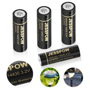 JESSPOW 14430 Battery, 14430 3.2V 450mAh LiFePo4 Rechargeable Solar Batteries 4 Pack for for Solar Panel Outdoor Garden Lights, Solar Panel Light, Tooth Brush, Shaver, Flashlight (NOT AA Battery)