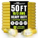 50ft Outdoor/Indoor Extension Cord 10/3 Gauge Ultra Heavy Duty 3 Prong SJTW, Waterproof, Flexible Cold-Resistant Long Power Cord,15A 125V 1875W, Yellow by LifeSupplyUSA