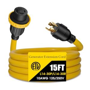 LAZMUMI 30 Amp Generator Extension Cord 4 Prong 125/250V Up to 7500W, NEMA L14-30P to L14-30R, 10 Gauge SJTW Generator Power Locking Cord for Manual Transfer Switch and Portable Generators (15FT)
