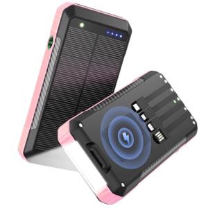 Wreaoves Solar Power Bank 33800mAh Wireless Portable Charger with Built-in 4 Cables, Fast Charging Battery Pack with 7 Outputs,4 Inputs, LED Camping Flashlight,Compass