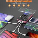 Wreaoves Solar Power Bank 33800mAh Wireless Portable Charger with Built-in 4 Cables, Fast Charging Battery Pack with 7 Outputs,4 Inputs, LED Camping Flashlight,Compass