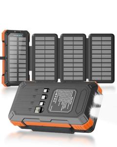 Kepswin Solar Charger Power Bank 49800mAh with 4 Built-in Cables & 4 Foldable Panels, PD22.5W Fast Portable Phone Charger, External Battery Pack with USB-C in/Output & Flashlight for Outdoor Camping