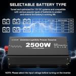 2500W Sump Pump Battery Backup System, Pure Sine Wave Inverter Charger with 25A Fast Charging, Auto Transfer Switch for Basement Flood Protection During Outages, LCD Remote, 12V Deep Cycle Compatible