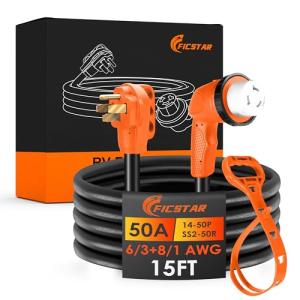 Ficstar 50 Amp Generator Cord 15 ft, Heavy Duty 6/3+8/1 STW AWG 50 Amp RV Extension Cord with 90° Grip Handle Twist Lock, NEMA 14-50P to SS2-50R with Polarity Lamp and Power Indicator