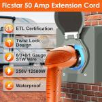Ficstar 50 Amp Generator Cord 15 ft, Heavy Duty 6/3+8/1 STW AWG 50 Amp RV Extension Cord with 90° Grip Handle Twist Lock, NEMA 14-50P to SS2-50R with Polarity Lamp and Power Indicator