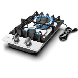 TOPWISH 12 Inch Gas Cooktop, 2 Burner Gas Stove Built-in Propane Stove Top with LPG/NG Convertible Dual Fuel Hob 18000BTU, Stainless Steel Stovetop Thermocouple Protect for Kitchen, Apartments, Rvs