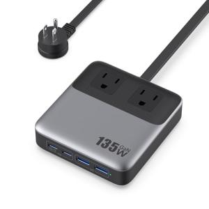 6-in-1 Charging Station USB C Power Strip with 5ft Cord and Plug,135W GaN-IV USB C Charger Block,2 AC Outlets,2 USB-A,2 USB-C for MacBook,iPhone 16/15/14,Fast Charging Desktop Charger for Office,Home