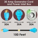 CircleCord 4 Prong 100 Feet 30 Amp Generator Extension Cord and Inlet Box with Locking Connector, Heavy Duty NEMA L14-30P/L14-30R, 125/250V 7500W 10 Gauge SJTW Generator to House Power Cord