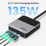 6-in-1 Charging Station USB C Power Strip with 5ft Cord and Plug,135W GaN-IV USB C Charger Block,2 AC Outlets,2 USB-A,2 USB-C for MacBook,iPhone 16/15/14,Fast Charging Desktop Charger for Office,Home