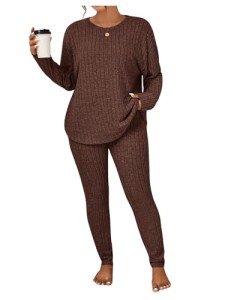 Plus Size Rib Knit Pajama Set in Coffee Brown