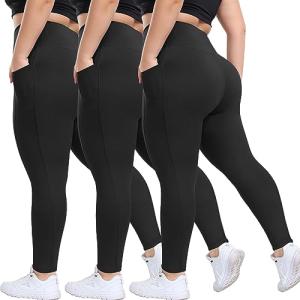 Plus Size High Waisted Leggings with Pockets - 3 Pack
