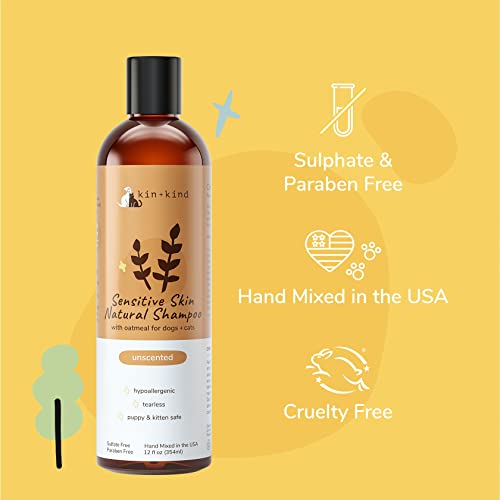 Oatmeal Shampoo for Dogs and Cats by kin+kind - Cat & Dog Shampoo for Sensitive Skin with Colloidal Oatmeal - Safe, Natural Formula with Olive Oil and Coconut Oil (12 fl oz) - Made in USA