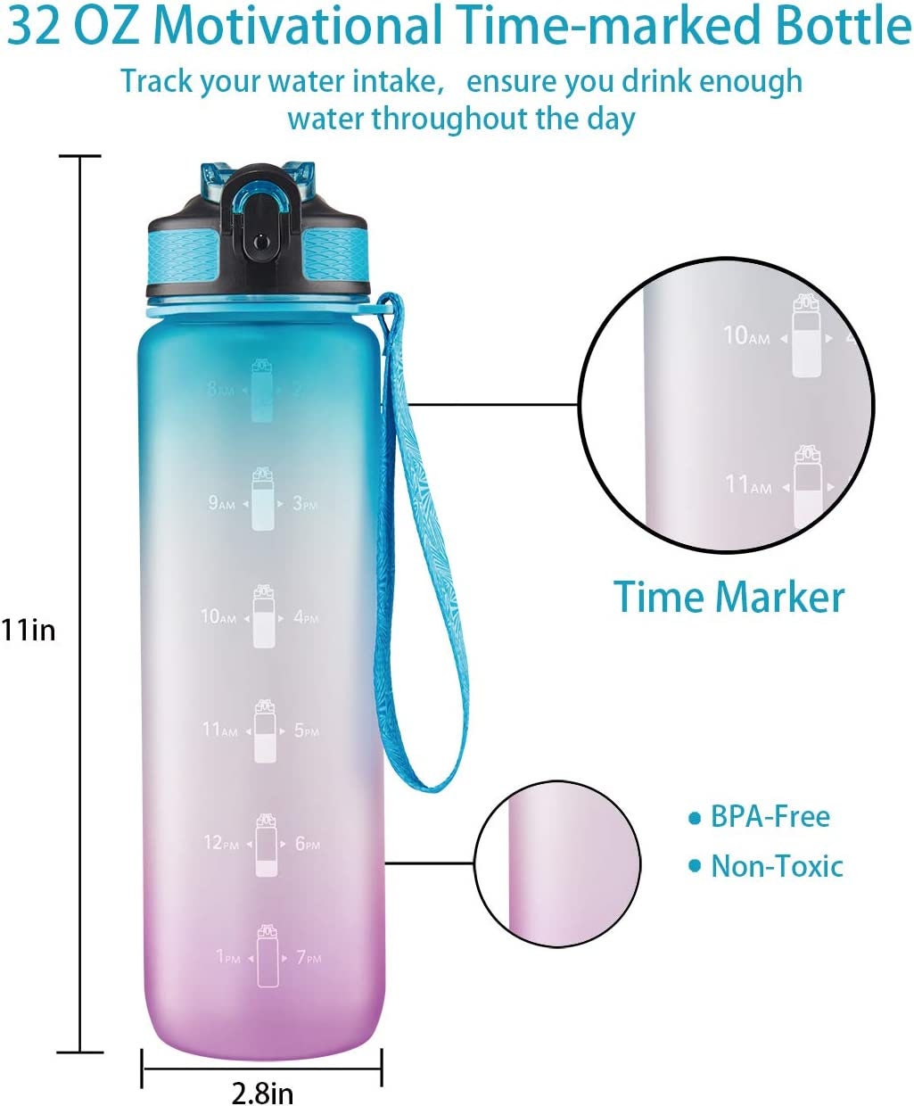 Water Bottle with Time Marker, Carry Strap for Yoga