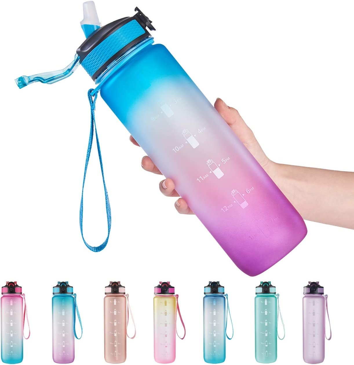 Water Bottle with Time Marker, Carry Strap for Yoga