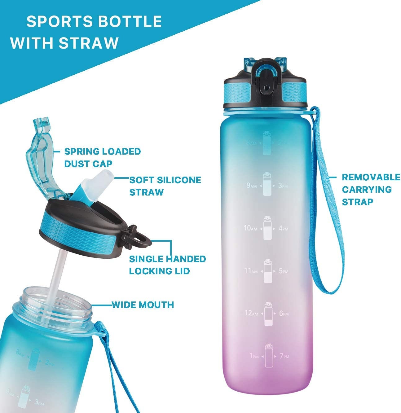 Water Bottle with Time Marker, Carry Strap for Yoga
