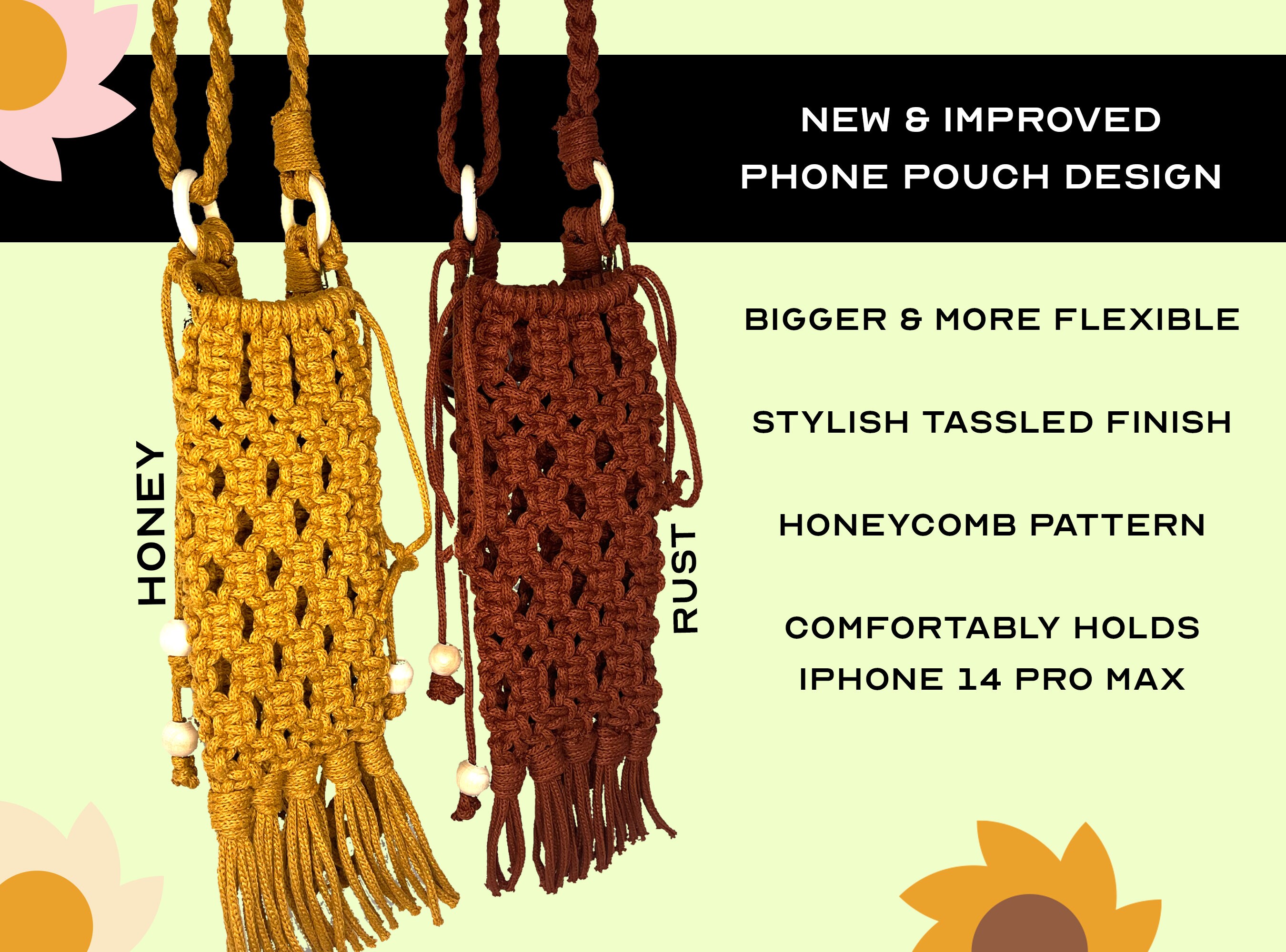 Macrame Water Bottle Holder with Removable Phone Pouch