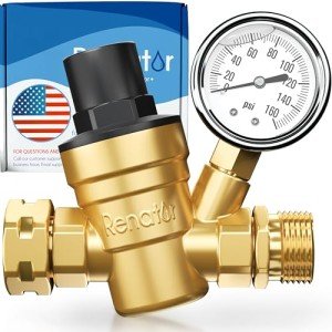 Renator RV Water Pressure Regulator for RV Camper. Brass Lead-free Adjustable RV Water Pressure Regulator with Gauge. RV Water Regulator for Camper Travel Trailer, Reducer Valve W Filter. M11-0660R.