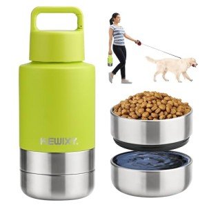 KEWIXY Insulated Dog Travel Water Bottle with Detachable Bowls, 3 in 1 Portable Dog Water Bottle Dispenser, Dog Accessories for Walking, Hiking, Camping, Outdoor (Bright Green, 32 Oz)