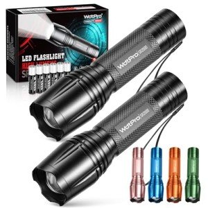WdtPro LED Flashlight High Lumens SR2000 Pro, 2 Pack Brighter Tactical Flashlights with 5 Modes & Zoomable, Powerful Mini Flash Light for Emergency, Camping, Hiking (Black)