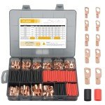 DTLDZSC Thickened Copper Lugs，Electric Wire Lugs，AWG2 4 6 8 10 12Gauge，80Pcs Heavy Duty Battery Cable Lugs Ends Ring Terminal Connectors，80Pcs 3:1 Heat Shrink Tubing Assortment Kit Set（160pcs）