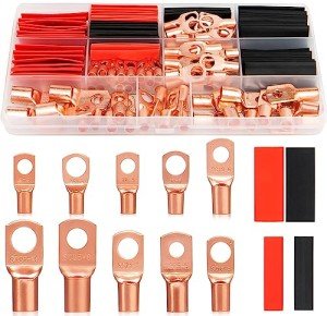 150pcs Battery Cable Ends Awg 2 4 6 8 10 Gauge Wire Connectors,Copper Ring Terminals with Heat Shrink Set,74 pcs Battery Terminal connectors Cable Lugs Ring with 76pcs Heat Shrink Tubing Kit
