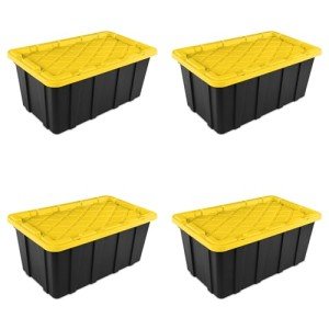 Sterilite 38 Gal Industrial Tote, Stackable Storage Bin with Snap-Fit Lid for Garage, Basement & Attic Storage, Black Base and Yellow Lily Lid, 4-Pack