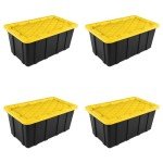 Sterilite 38 Gal Industrial Tote, Stackable Storage Bin with Snap-Fit Lid for Garage, Basement & Attic Storage, Black Base and Yellow Lily Lid, 4-Pack