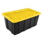 Sterilite 38 Gal Industrial Tote, Stackable Storage Bin with Snap-Fit Lid for Garage, Basement & Attic Storage, Black Base and Yellow Lily Lid, 4-Pack