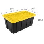 Sterilite 38 Gal Industrial Tote, Stackable Storage Bin with Snap-Fit Lid for Garage, Basement & Attic Storage, Black Base and Yellow Lily Lid, 4-Pack