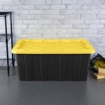 Sterilite 38 Gal Industrial Tote, Stackable Storage Bin with Snap-Fit Lid for Garage, Basement & Attic Storage, Black Base and Yellow Lily Lid, 4-Pack