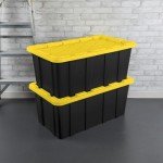 Sterilite 38 Gal Industrial Tote, Stackable Storage Bin with Snap-Fit Lid for Garage, Basement & Attic Storage, Black Base and Yellow Lily Lid, 4-Pack