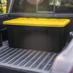 Sterilite 38 Gal Industrial Tote, Stackable Storage Bin with Snap-Fit Lid for Garage, Basement & Attic Storage, Black Base and Yellow Lily Lid, 4-Pack
