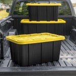 Sterilite 38 Gal Industrial Tote, Stackable Storage Bin with Snap-Fit Lid for Garage, Basement & Attic Storage, Black Base and Yellow Lily Lid, 4-Pack