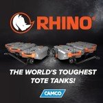 Camco Rhino 28-Gallon Portable Camper/RV Tote Tank - Features Large Heavy-Duty No-Flat Wheels & Built-In Gate Valve - Removable Steel Tow Adapter, 3’ RV Sewer Hose & More RV Accessories (39004)