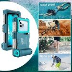 Underwater Snorkeling Diving Phone Case for iPhone 16/15/14/13/12/11Pro Max/XR/XS/X Samsung Galaxy S24/S23/S22/S21, Professional Scuba Dive Waterproof Case Underwater Photo & Video Housing (Teal-Blue)