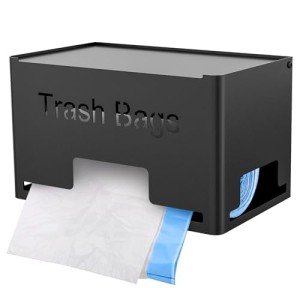 STWWO Large Trash Bag Holder Dispenser, Metal Garbage Bag Dispenser Roll Holder, Kitchen Trash Bag Organizer for Under Sink, Wall Mounted or Freestanding, Black