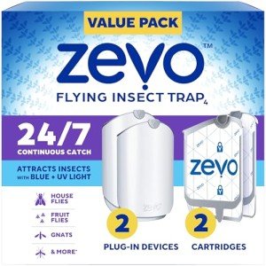 Zevo 2 Flying Insect Traps & 2 Cartridges - Plug In Fly Trap & Indoor Bug Catcher for Gnats, House & Fruit Flies - Mess-Free - Use in Any Room - Uses Blue & UV Light (2 Plug In Devices & 2 Cartridges)