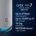 NETGEAR Orbi Quad-band WiFi 7 Mesh System RBE973S, WiFi 7 Router Plus 2 Satellite Extenders, Coverage up to 10,000 sq. ft. & 200 Devices, 10 Gbit Internet Port, BE27000 802.11be (up to 27Gbps)