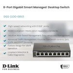 D-Link DGS-1100-08V2 8-Port Gigabit Smart Managed Switch with VLAN support, layer 2 features, QoS, 802.3az EEE, Fanless, Black