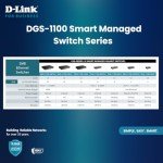 D-Link DGS-1100-08V2 8-Port Gigabit Smart Managed Switch with VLAN support, layer 2 features, QoS, 802.3az EEE, Fanless, Black