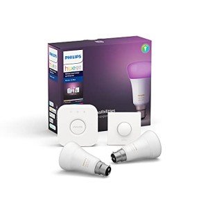 Philips Hue White and Colour Ambiance Starter Kit: Smart Bulb 2x Pack LED [B22 Bayonet Cap] Includes Hue Button + Bridge. Works with Alexa, Google Assistant and Apple HomeKit,9 Watts