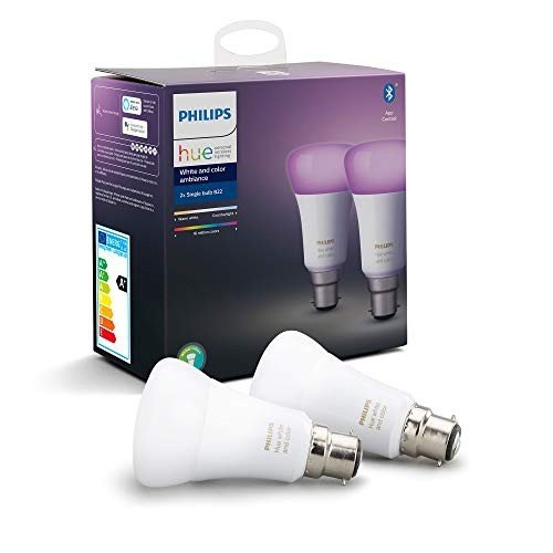 Philips Hue White and Colour Ambiance LED Smart Light Bulb 2 Pack [B22 Bayonet Cap] 60W Equivalent, with Bluetooth, Works with Alexa, Google Assistant and Apple Homekit.
