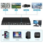 4K/60HZ 4X4 HDMI Matrix Switch, 2X2 Video Wall Controller Switching HDMI Splitter, HDMI Matrix Seamless Switcher 4 HDMI+1 DP in 4 HDMI Out 2x2 TV Wall Controller for 4 TV Splicing Display 90°Rotate